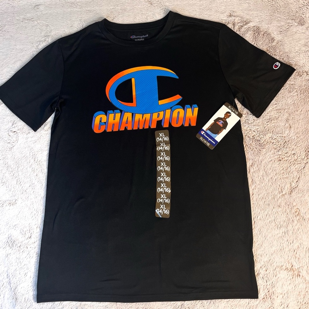 Champion Kids Black Tee with Blue and Orange Logo - Picture 3 of 6